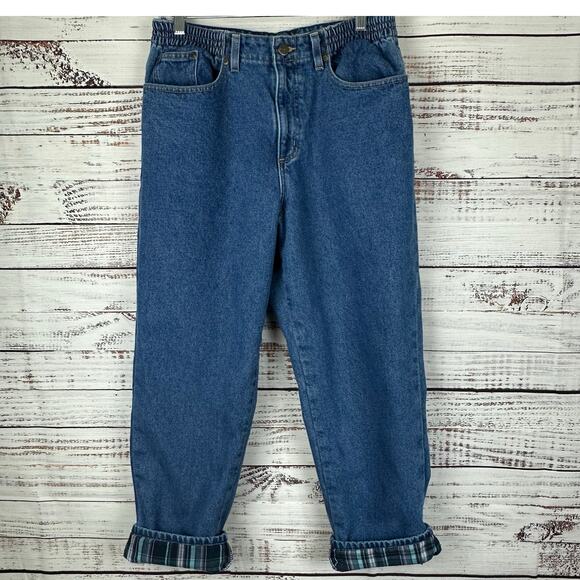 Women's VTG LL Bean Plaid Flannel Lined Elastic Waist Mom Denim Jeans Medium 12P - Picture 1 of 9